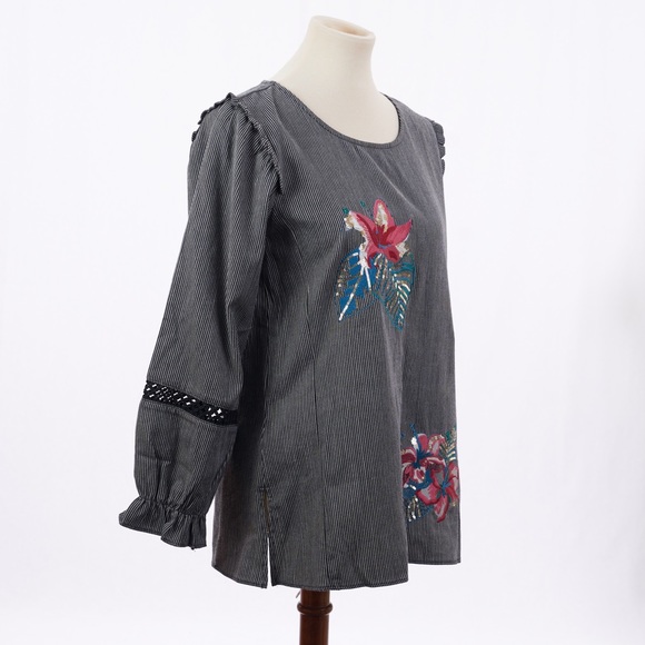 Caleooa women’s Pinstriped Embroidery Sequin Floral Blouse Ruffle Shoulder Boho - Picture 5 of 6